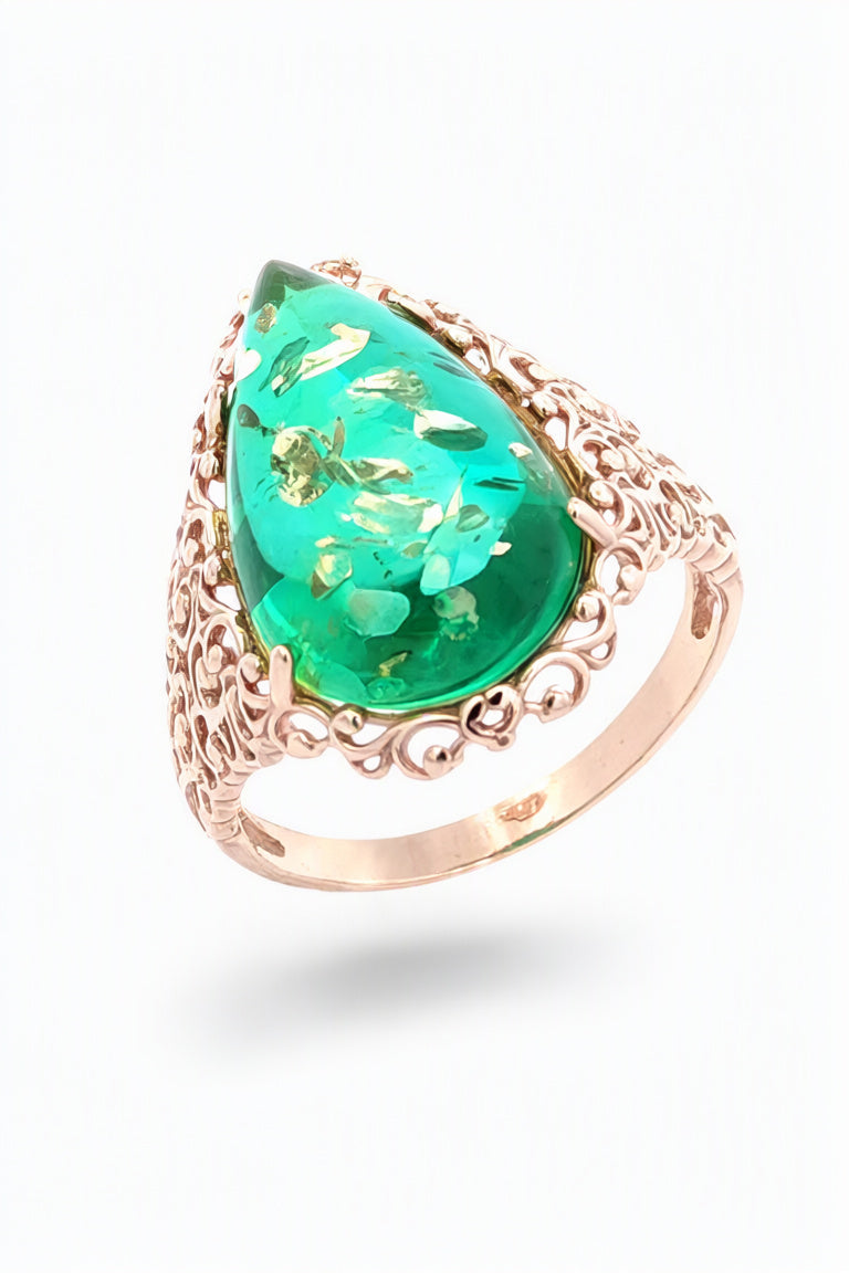 Teardrop Emerald Green Amber Silver Ring — DARVIN (Pre-Order)