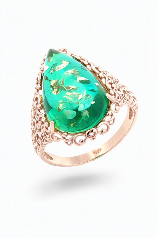Teardrop Emerald Green Amber Silver Ring — DARVIN (Pre-Order)