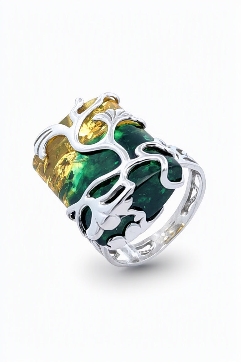 Lemon-Green Amber Silver Ring — DARVIN (Pre-Order)