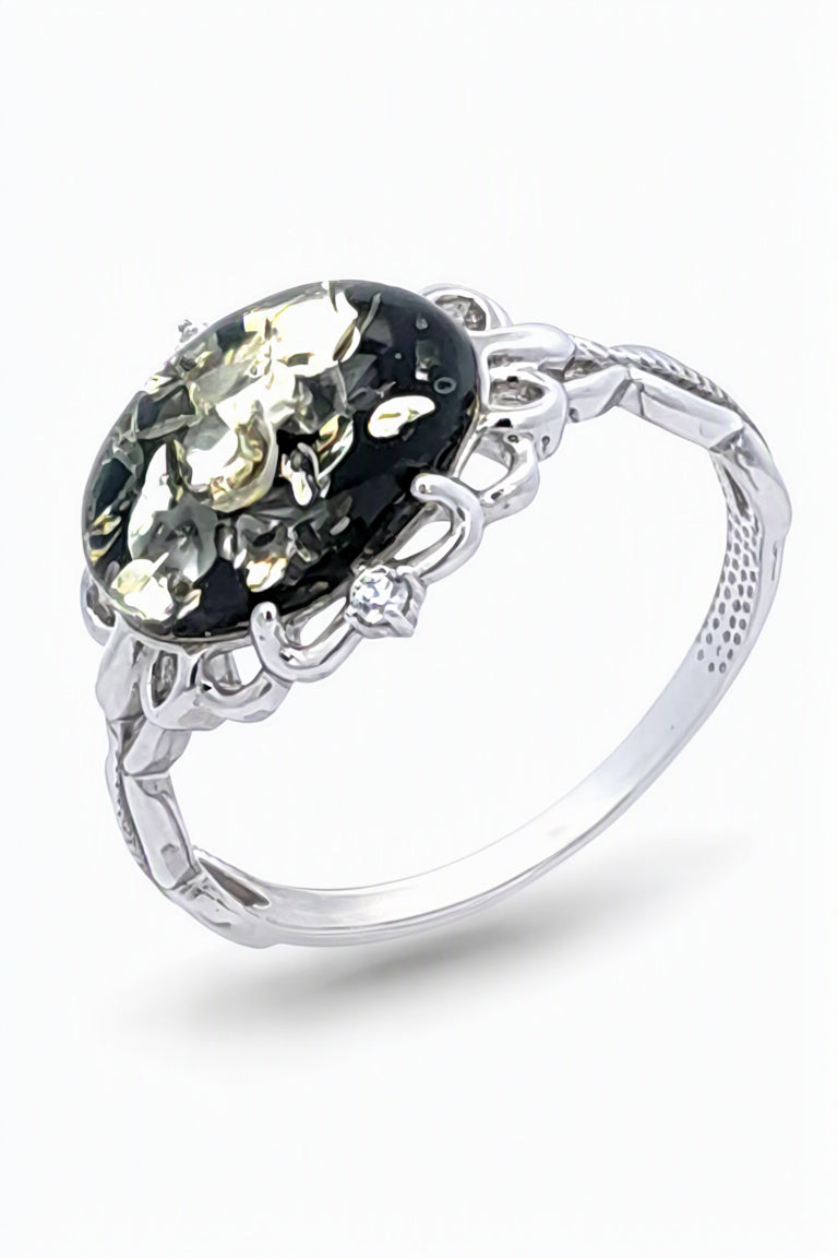 Oval Green, Colorless Amber Silver Ring — DARVIN (Pre-Order)