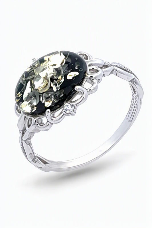 Oval Green, Colorless Amber Silver Ring — DARVIN (Pre-Order)