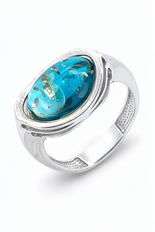 Oval Greenish-Blue Amber Silver Ring — DARVIN (Pre-Order)