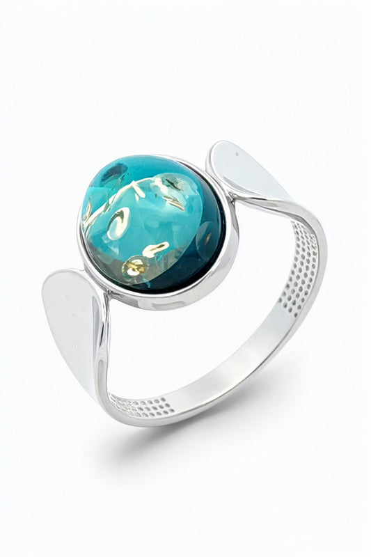 Oval Greenish-Blue Amber Silver Ring — DARVIN (Pre-Order)