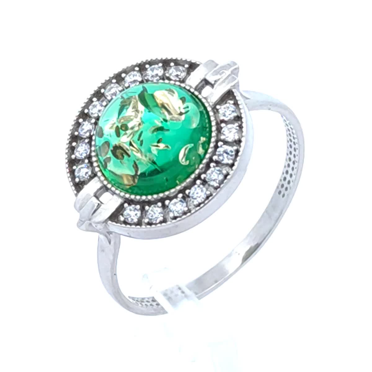 Round Emerald Green, Colorless Amber Silver Ring — DARVIN (Pre-Order)