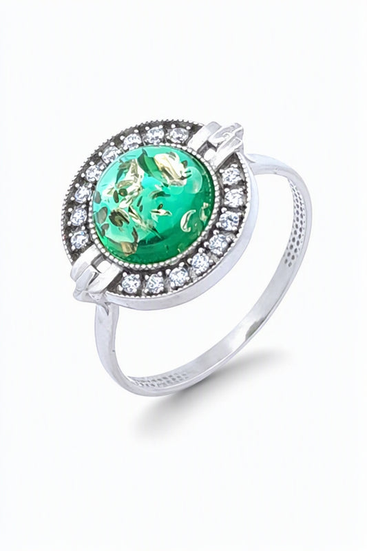 Round Emerald Green, Colorless Amber Silver Ring — DARVIN (Pre-Order)