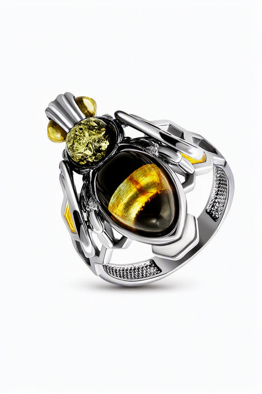 Oval Mixed Amber Silver Ring — DARVIN (Pre-Order)