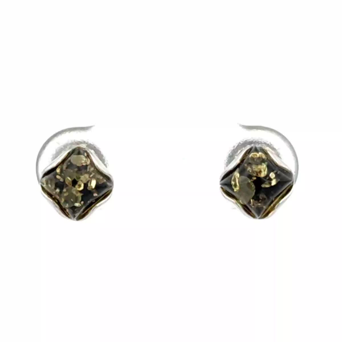 Square Green Amber Silver Stud Earrings — DARVIN (Pre-Order)