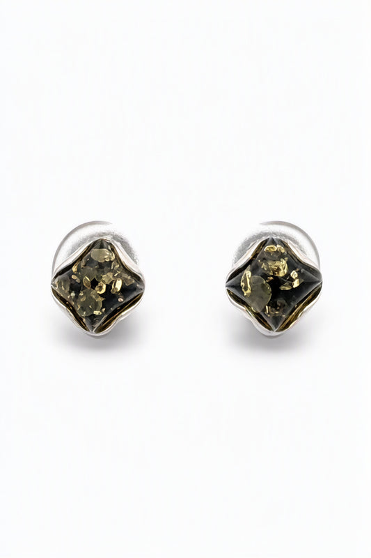 Square Green Amber Silver Stud Earrings — DARVIN (Pre-Order)