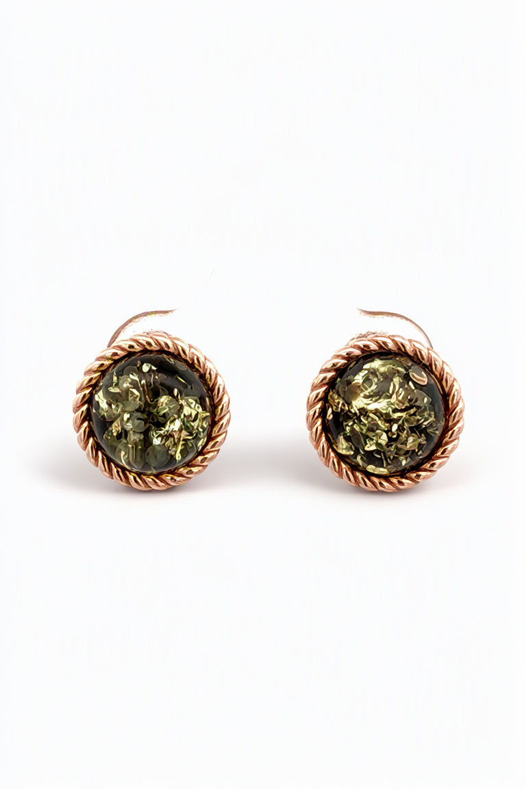 Round Green Amber Silver Stud Earrings — DARVIN (Pre-Order)