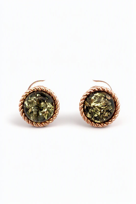 Round Green Amber Silver Stud Earrings — DARVIN (Pre-Order)