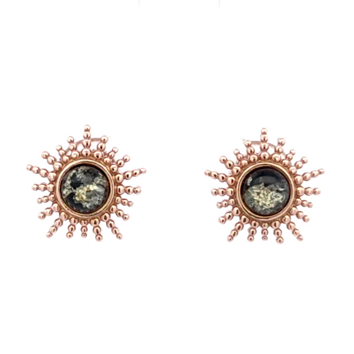 Round Green Amber Silver Stud Earrings — DARVIN (Pre-Order)