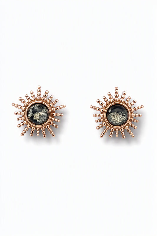 Round Green Amber Silver Stud Earrings — DARVIN (Pre-Order)