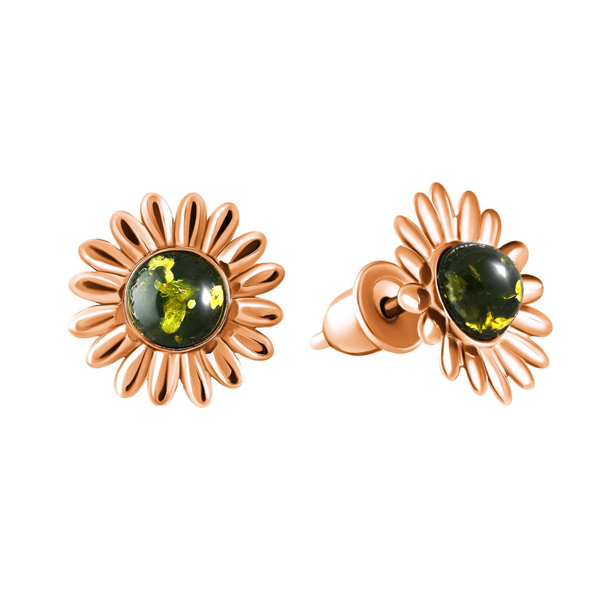 Round Green Amber Silver Stud Earrings — DARVIN (Pre-Order)
