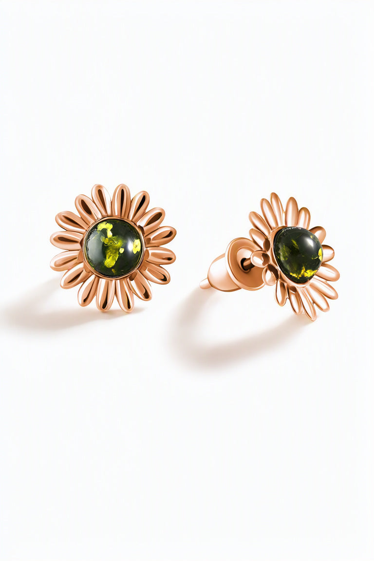 Round Green Amber Silver Stud Earrings — DARVIN (Pre-Order)