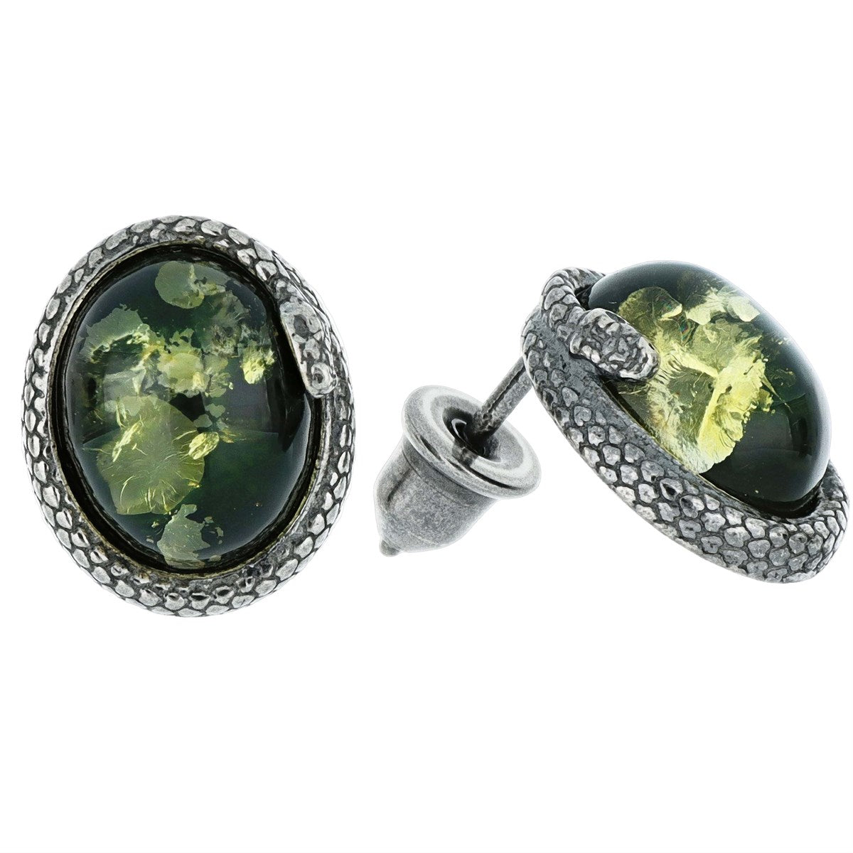 Oval Green Amber Silver Stud Earrings — DARVIN (Pre-Order)