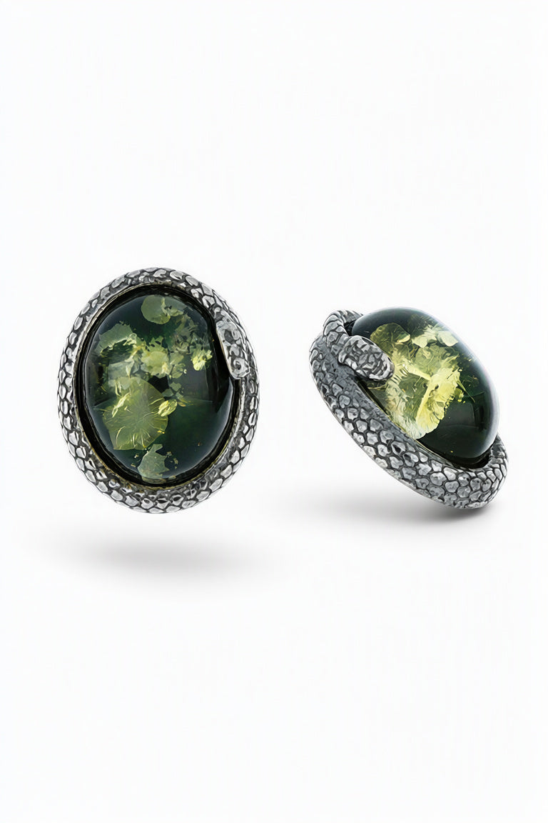 Oval Green Amber Silver Stud Earrings — DARVIN (Pre-Order)