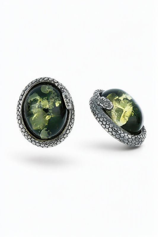 Oval Green Amber Silver Stud Earrings — DARVIN (Pre-Order)