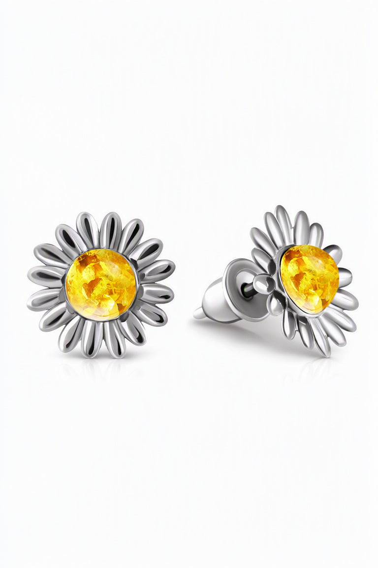 Round Lemon Amber Silver Stud Earrings — DARVIN (Pre-Order)