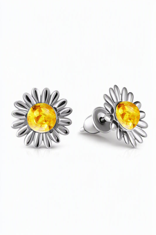 Round Lemon Amber Silver Stud Earrings — DARVIN (Pre-Order)