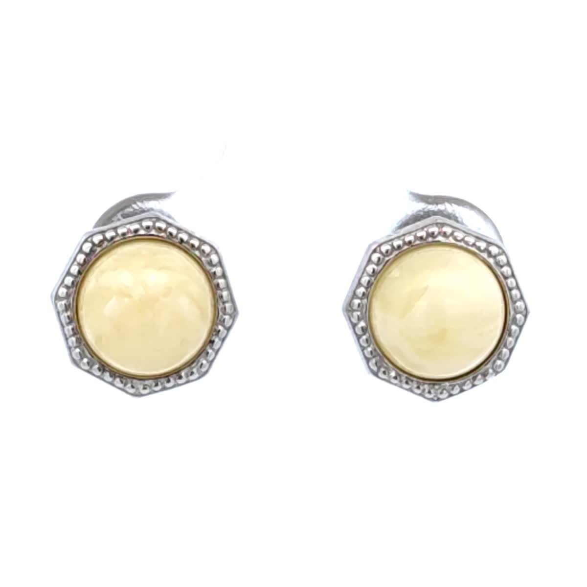 Round White Amber Silver Stud Earrings — DARVIN (Pre-Order)
