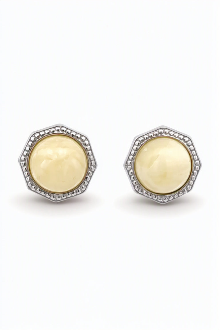 Round White Amber Silver Stud Earrings — DARVIN (Pre-Order)