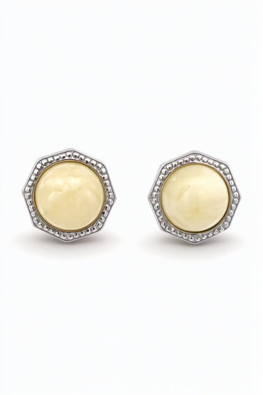 Round White Amber Silver Stud Earrings — DARVIN (Pre-Order)