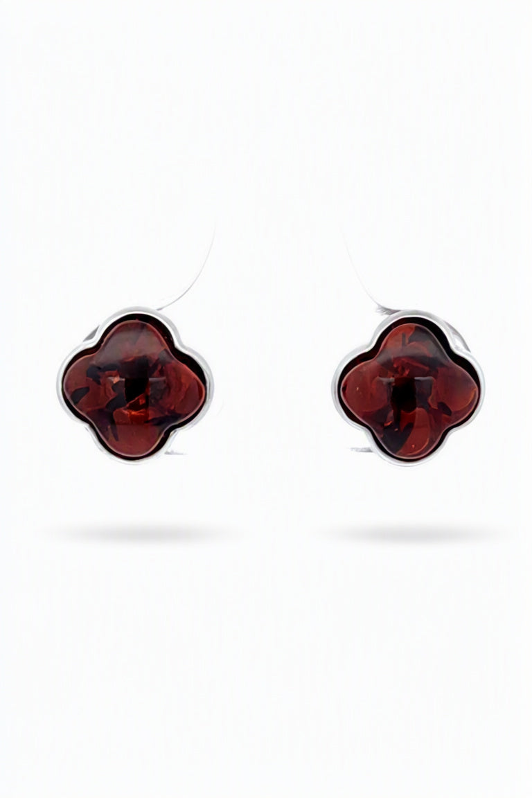 Four-Leaf Clover Cognac Amber Silver Stud Earrings — DARVIN (Pre-Order)