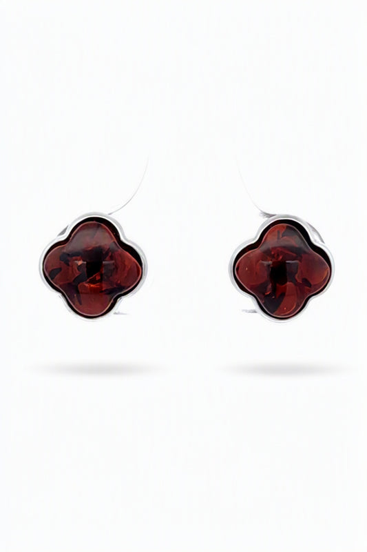 Four-Leaf Clover Cognac Amber Silver Stud Earrings — DARVIN (Pre-Order)