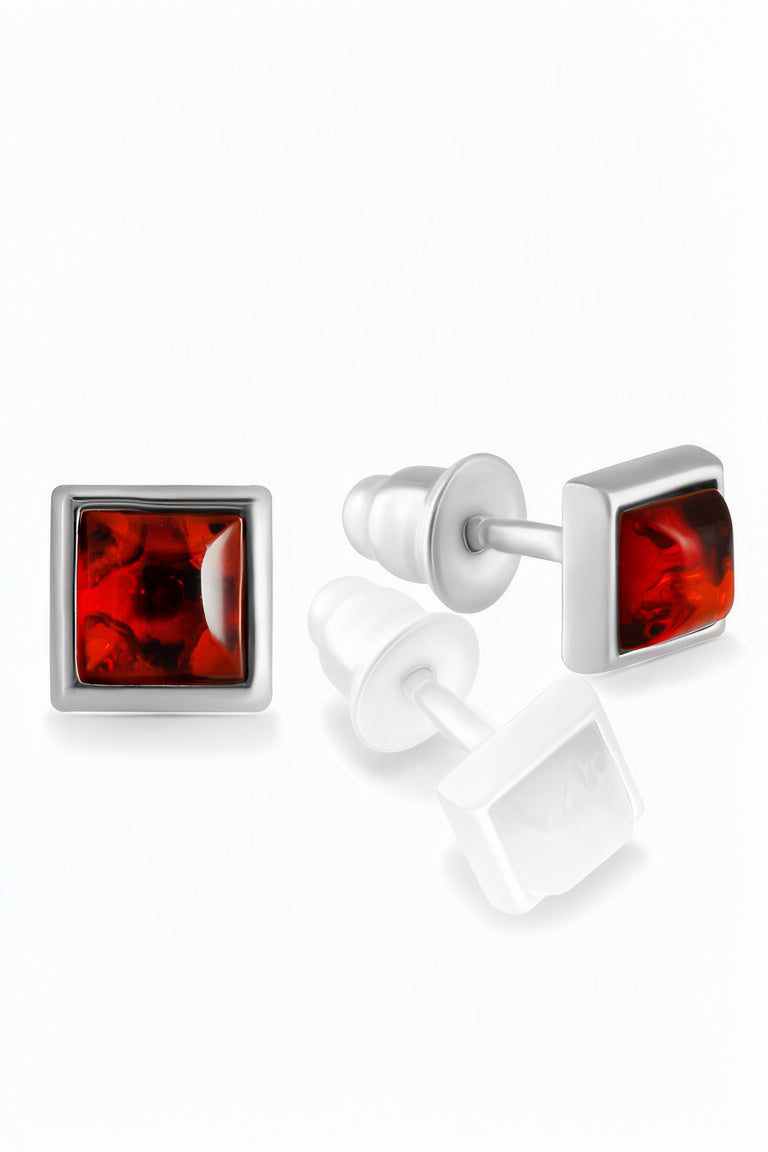 Square Cognac Amber Silver Stud Earrings — DARVIN (Pre-Order)