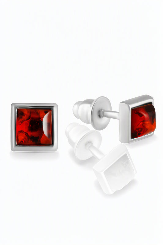 Square Cognac Amber Silver Stud Earrings — DARVIN (Pre-Order)