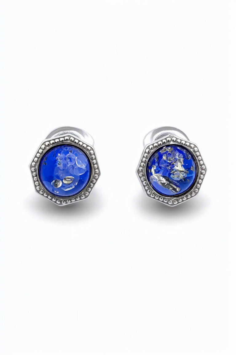 Round Sapphire Blue Amber Silver Stud Earrings — DARVIN (Pre-Order)