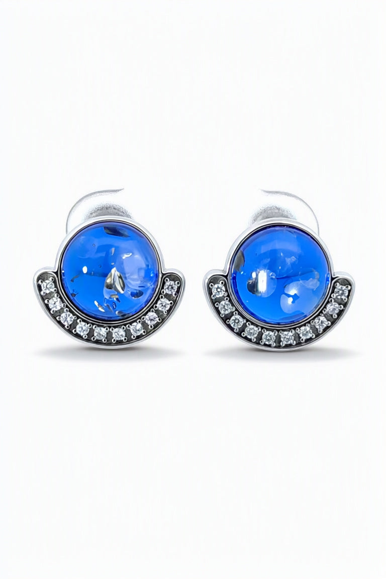 Round Sapphire Blue, Colorless Amber Silver Stud Earrings — DARVIN (Pre-Order)
