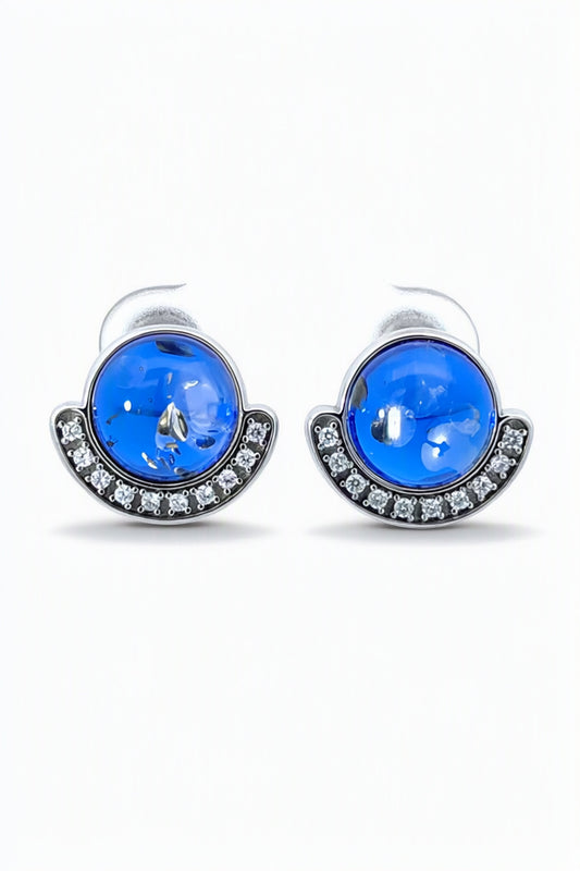 Round Sapphire Blue, Colorless Amber Silver Stud Earrings — DARVIN (Pre-Order)