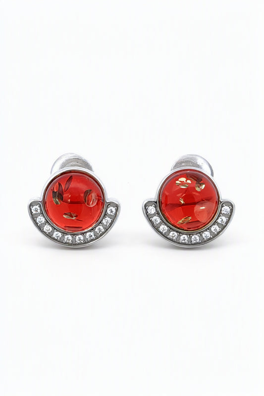 Round Ruby Red, Colorless Amber Silver Stud Earrings — DARVIN (Pre-Order)