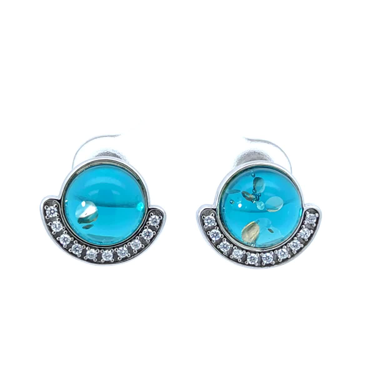 Round Greenish-Blue, Colorless Amber Silver Stud Earrings — DARVIN (Pre-Order)