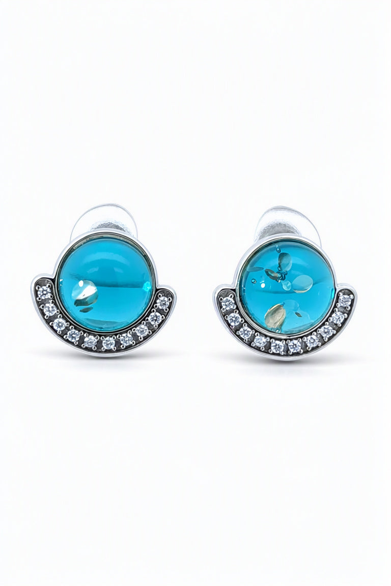 Round Greenish-Blue, Colorless Amber Silver Stud Earrings — DARVIN (Pre-Order)