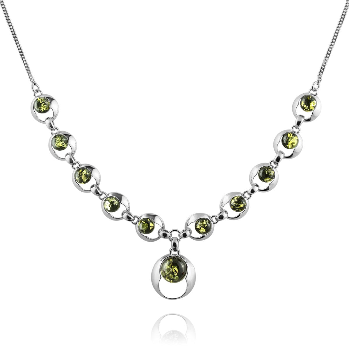 Round Green Amber Silver Necklace — DARVIN (Pre-Order)
