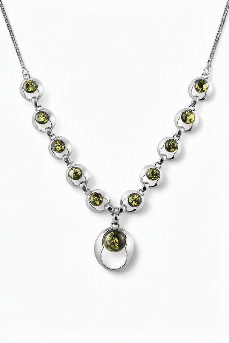 Round Green Amber Silver Necklace — DARVIN (Pre-Order)