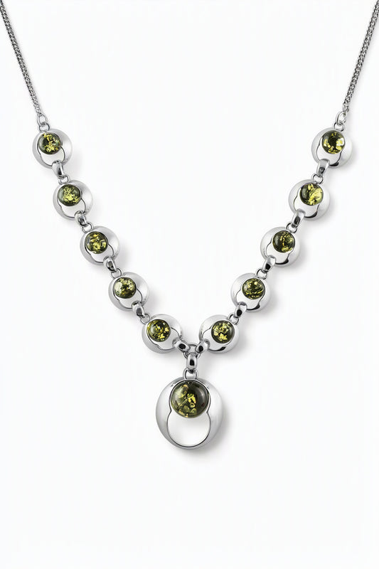 Round Green Amber Silver Necklace — DARVIN (Pre-Order)