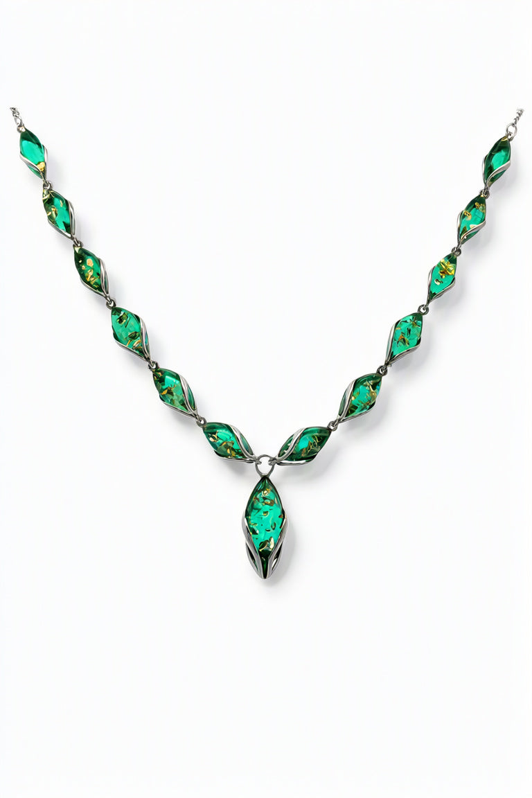 Marquise Emerald Green Amber Silver Necklace — DARVIN (Pre-Order)