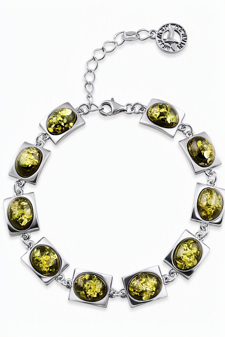 Oval Green Amber Silver Bracelet — DARVIN (Pre-Order)