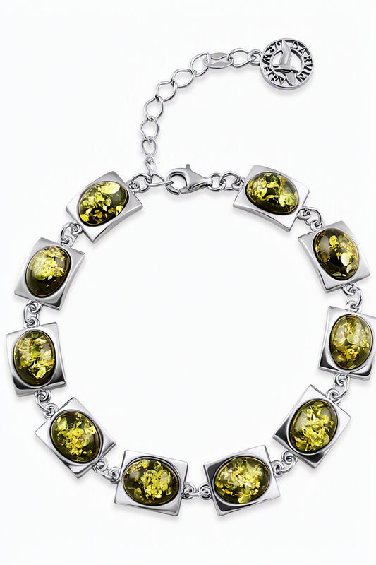 Oval Green Amber Silver Bracelet — DARVIN (Pre-Order)
