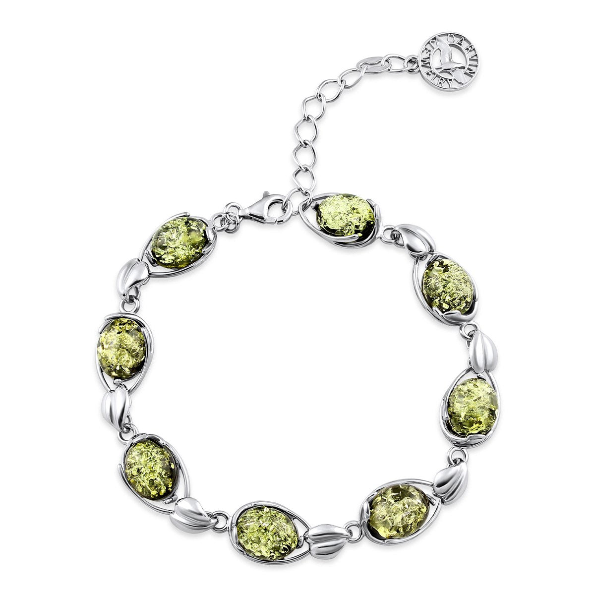 Oval Green Amber Silver Bracelet — DARVIN (Pre-Order)