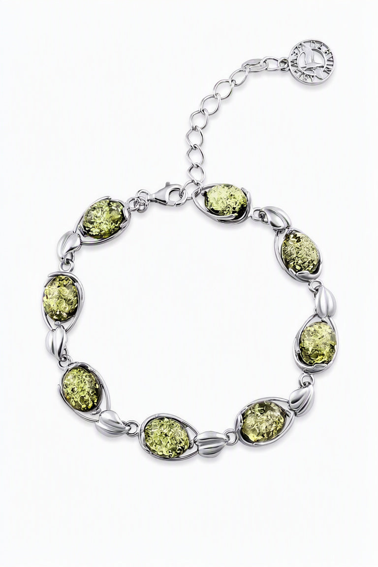 Oval Green Amber Silver Bracelet — DARVIN (Pre-Order)