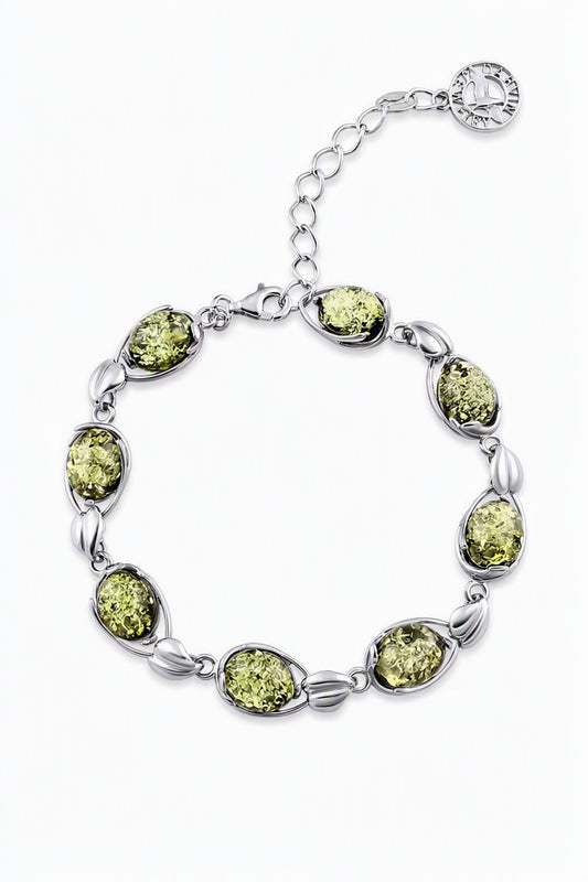 Oval Green Amber Silver Bracelet — DARVIN (Pre-Order)