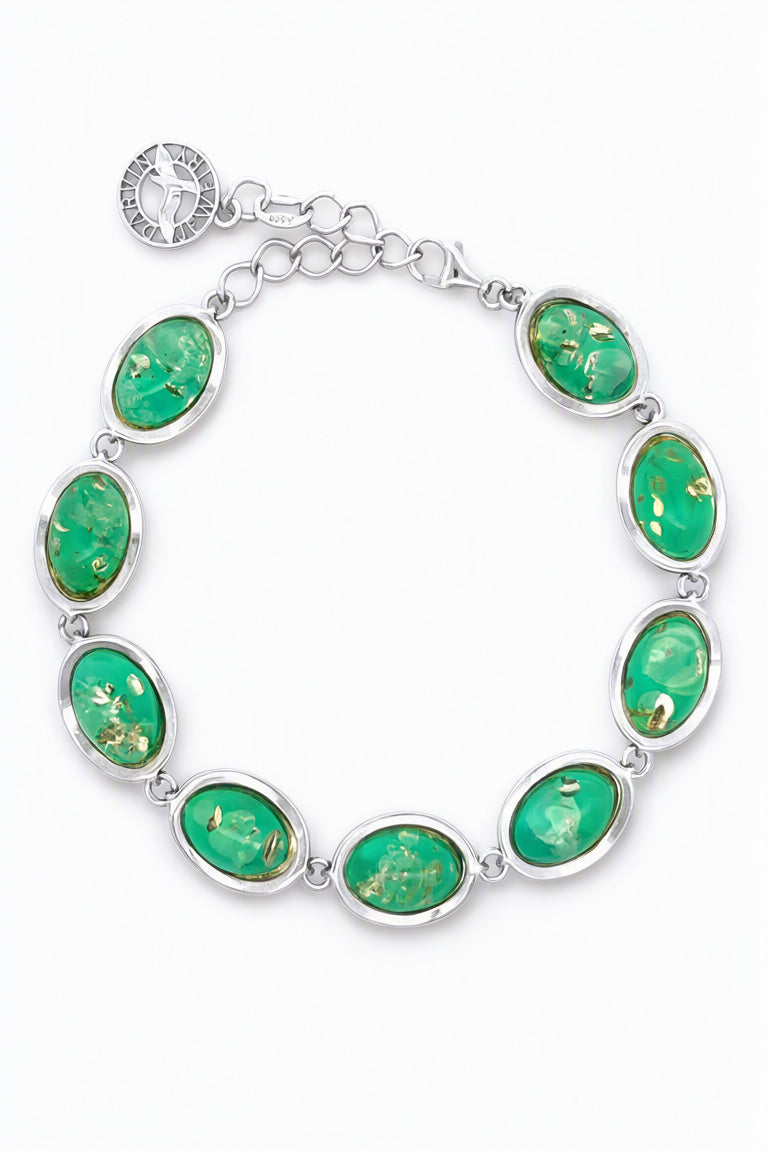 Oval Emerald Green Amber Silver Bracelet — DARVIN (Pre-Order)