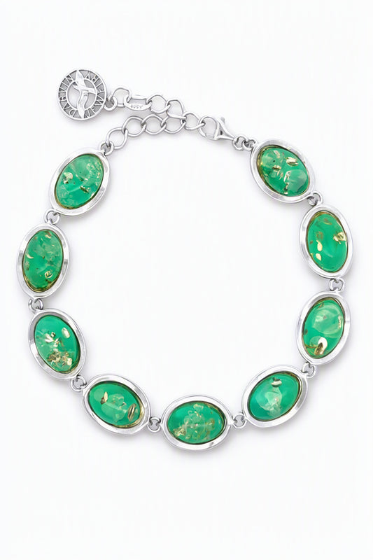 Oval Emerald Green Amber Silver Bracelet — DARVIN (Pre-Order)