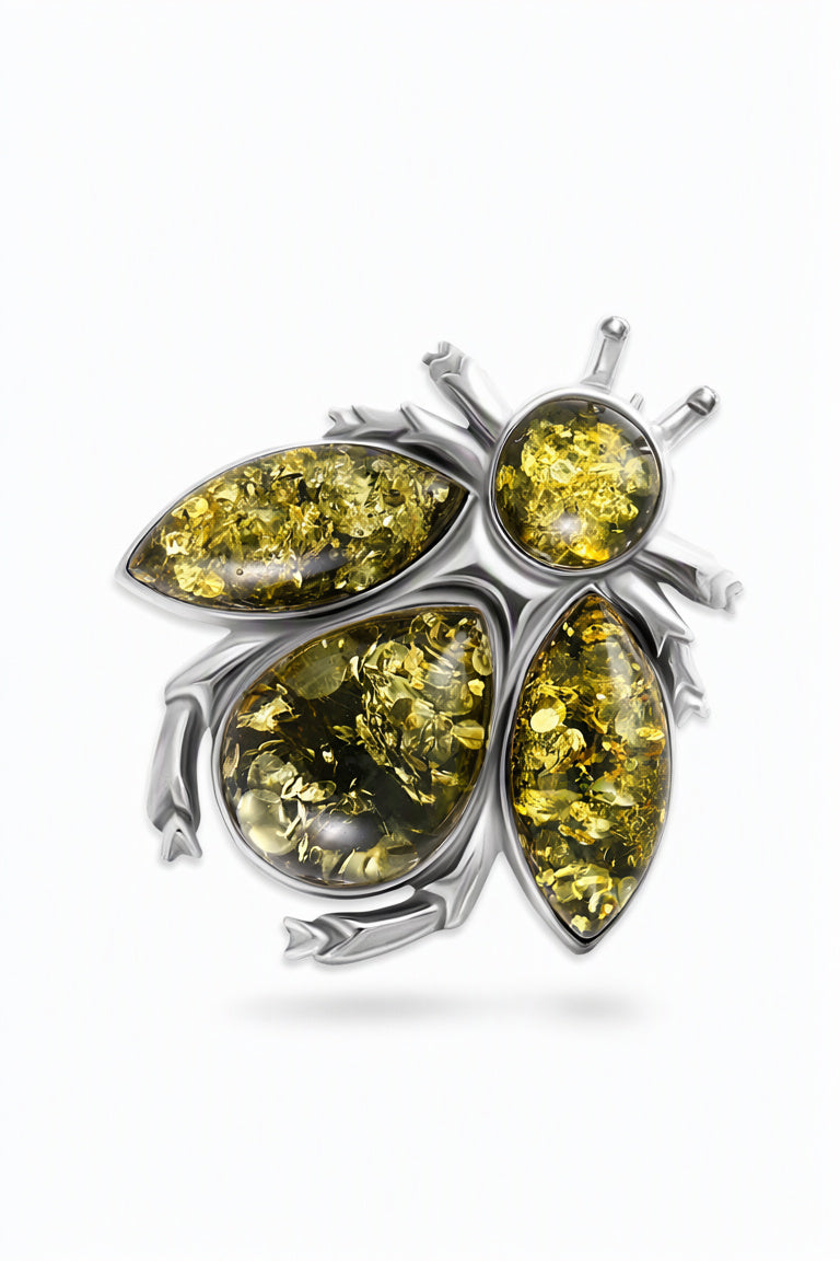 Teardrop Green Amber Silver Brooch — DARVIN (Pre-Order)