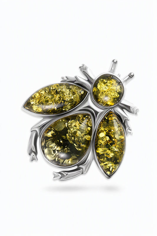 Teardrop Green Amber Silver Brooch — DARVIN (Pre-Order)
