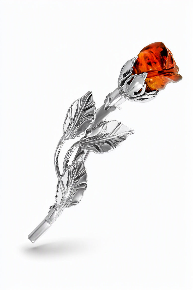 Rose Cognac Amber Silver Brooch — DARVIN (Pre-Order)